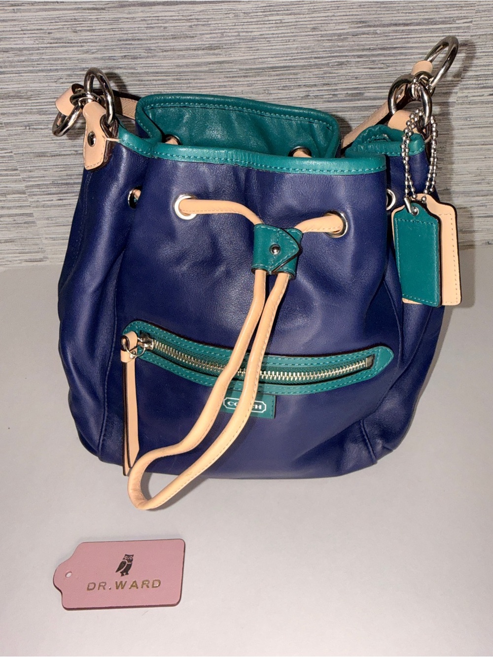 Coach Navy and Teal Daisy Leather Drawstring Bucket Bag with Cream Trim